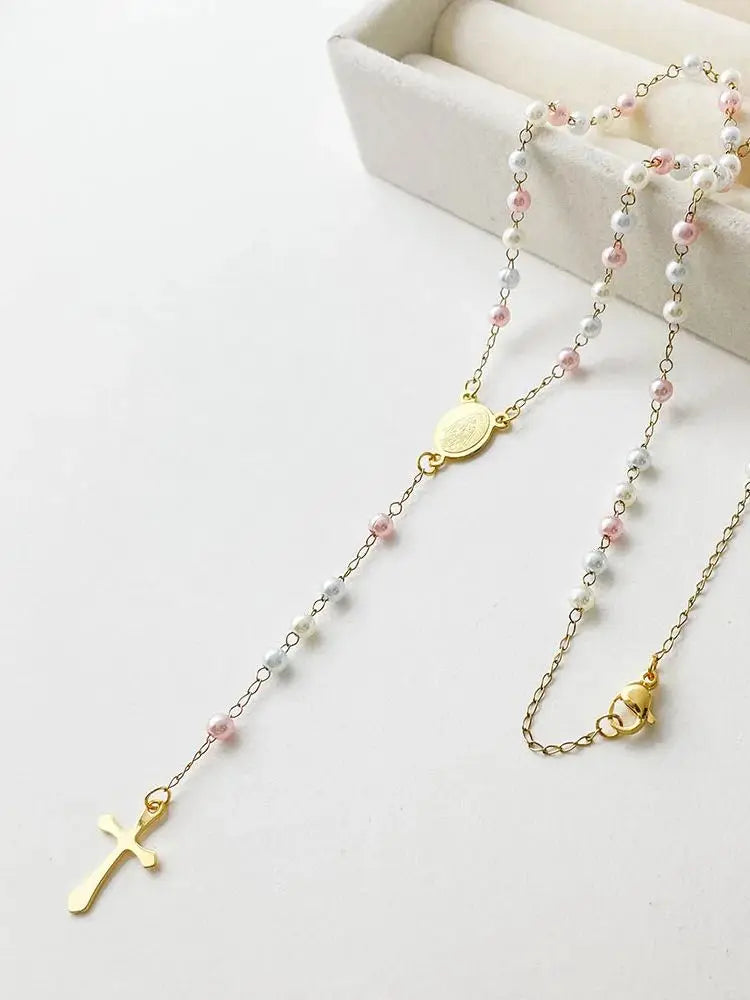 Gold Plated Stainless Steel Virgin Mary Cross Rosary Necklace