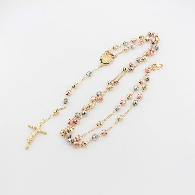 Gold Plated Zirconia Virgin Mary Rosary Tri-color Beaded Wire with Cross Pendent Necklace