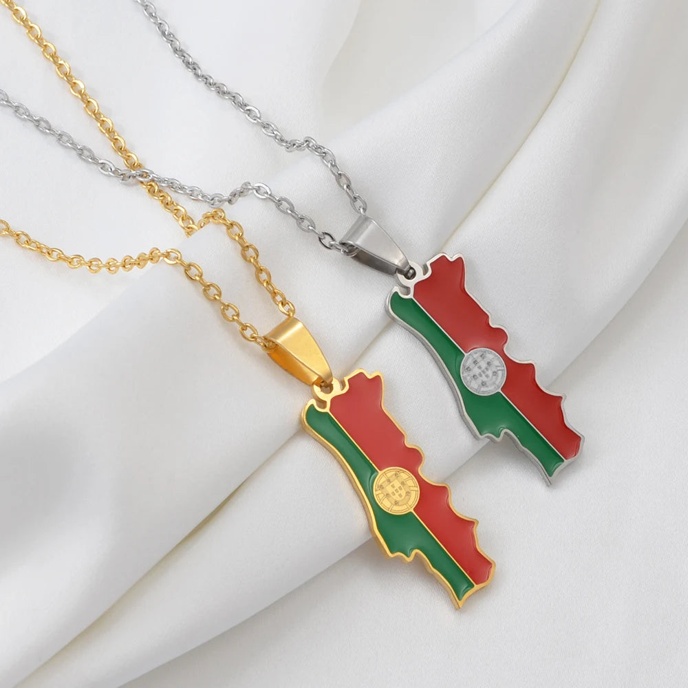 Stainless Steel Portugal Map Flag Pendant Necklace