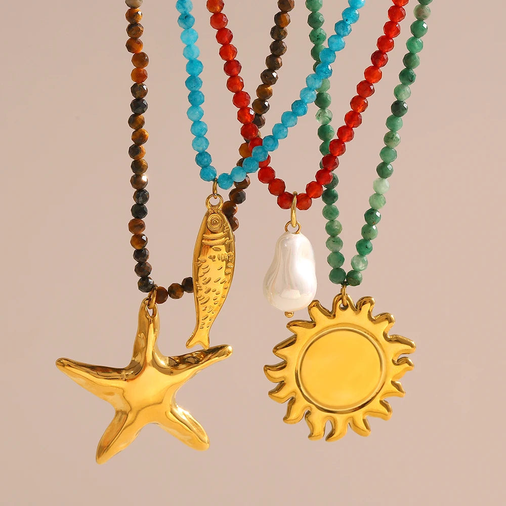 Colorful Natural Stone Chain Star Sun Fish Pearl Pendant Necklace