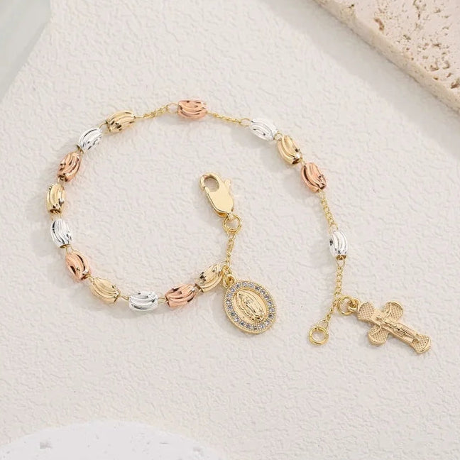 Gold Plated Zirconia Virgin Mary Rosary Bead Bracelet Cross Charm