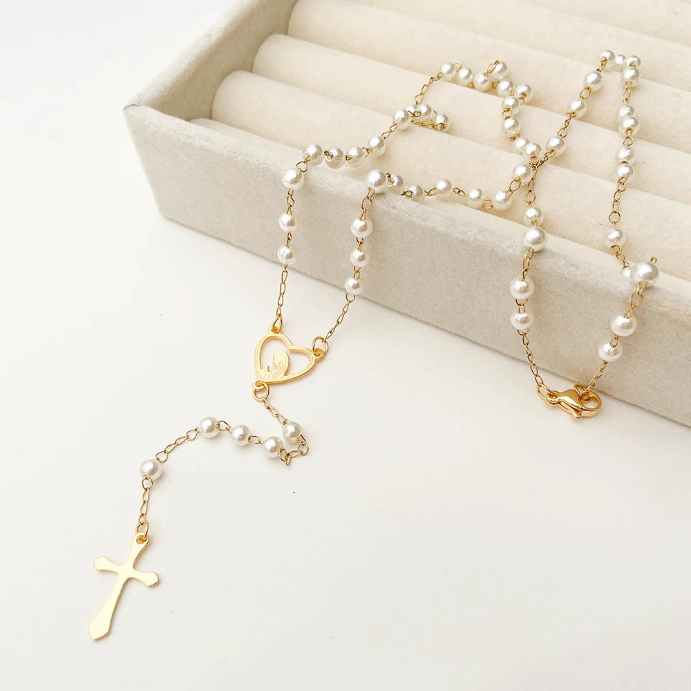 Gold Plated Stainless Steel Virgin Mary Cross Rosary Necklace