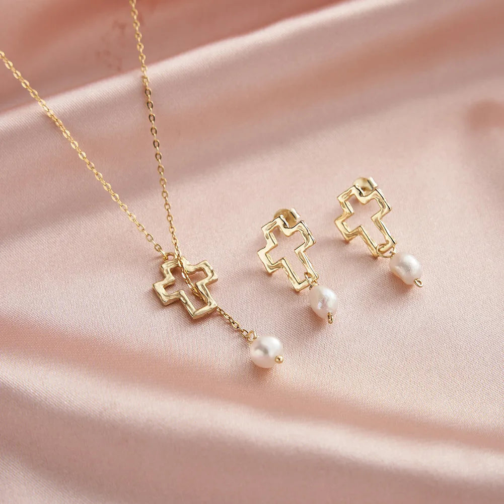 925 Silver Pearl Pendant Chain with Cross Charm Necklace