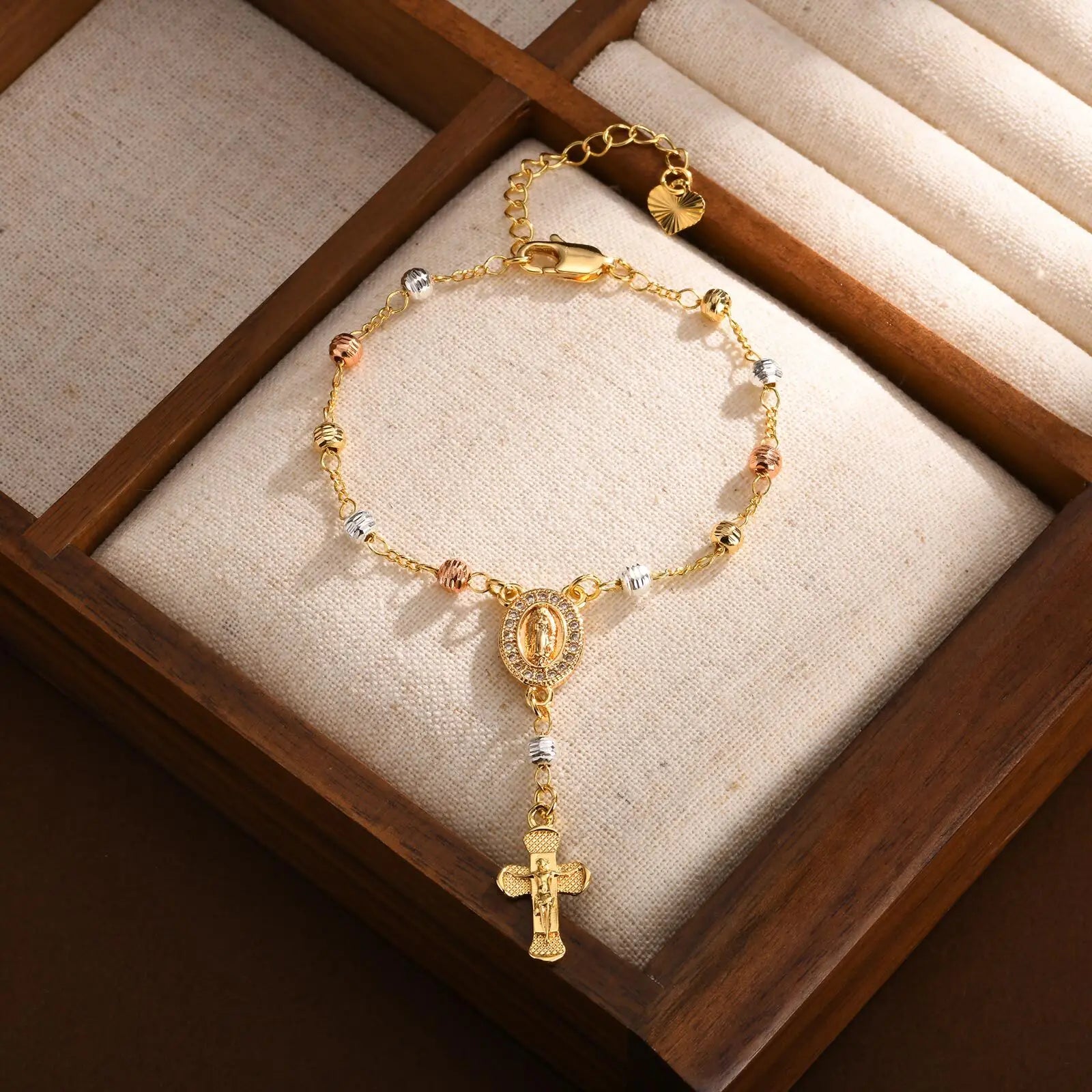 Gold Plated Zirconia Virgin Mary Rosary Tri-color Beaded Wire with Cross Pendent Bracelet Adjustable