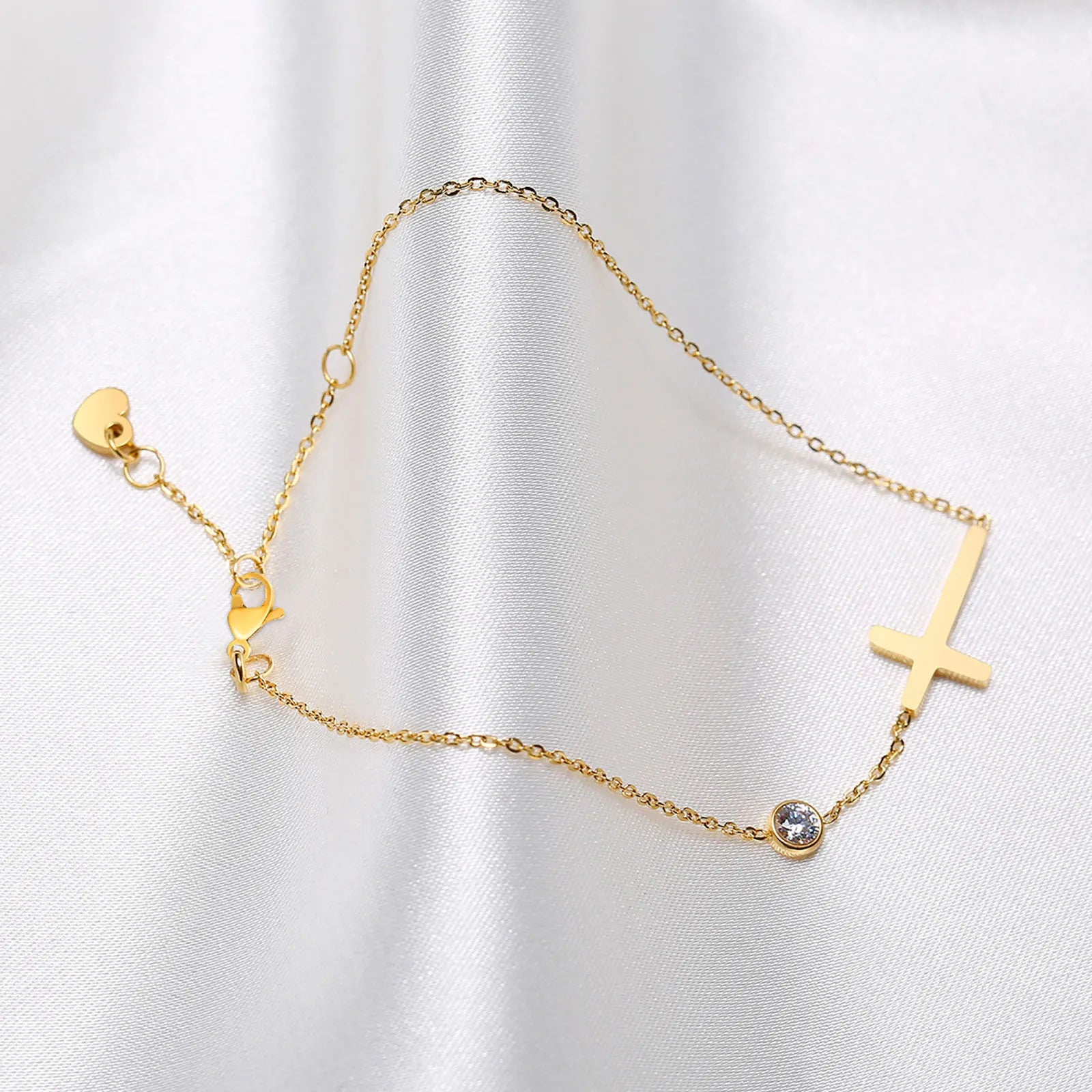 Gold Plated Stainless Steel Zirconia and Cross Bracelet Adjustable