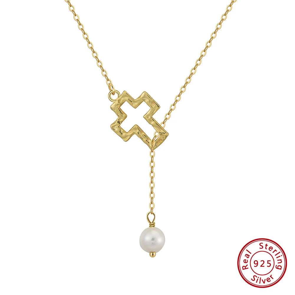 925 Silver Pearl Pendant Chain with Cross Charm Necklace