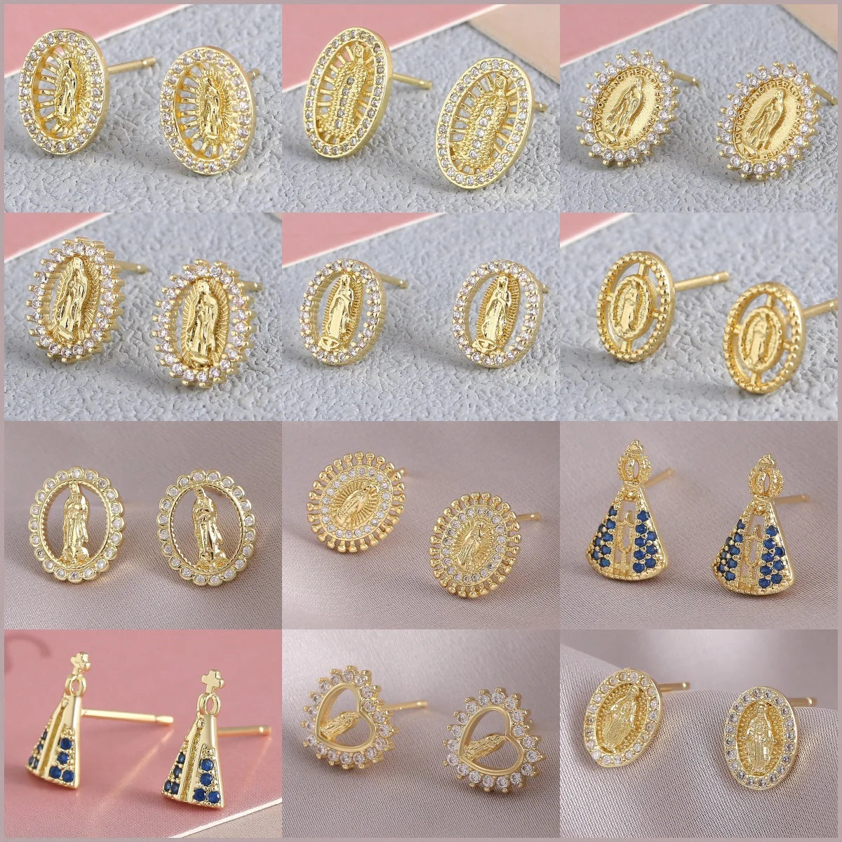 Gold Plated Zircon Virgin Mary Earrings