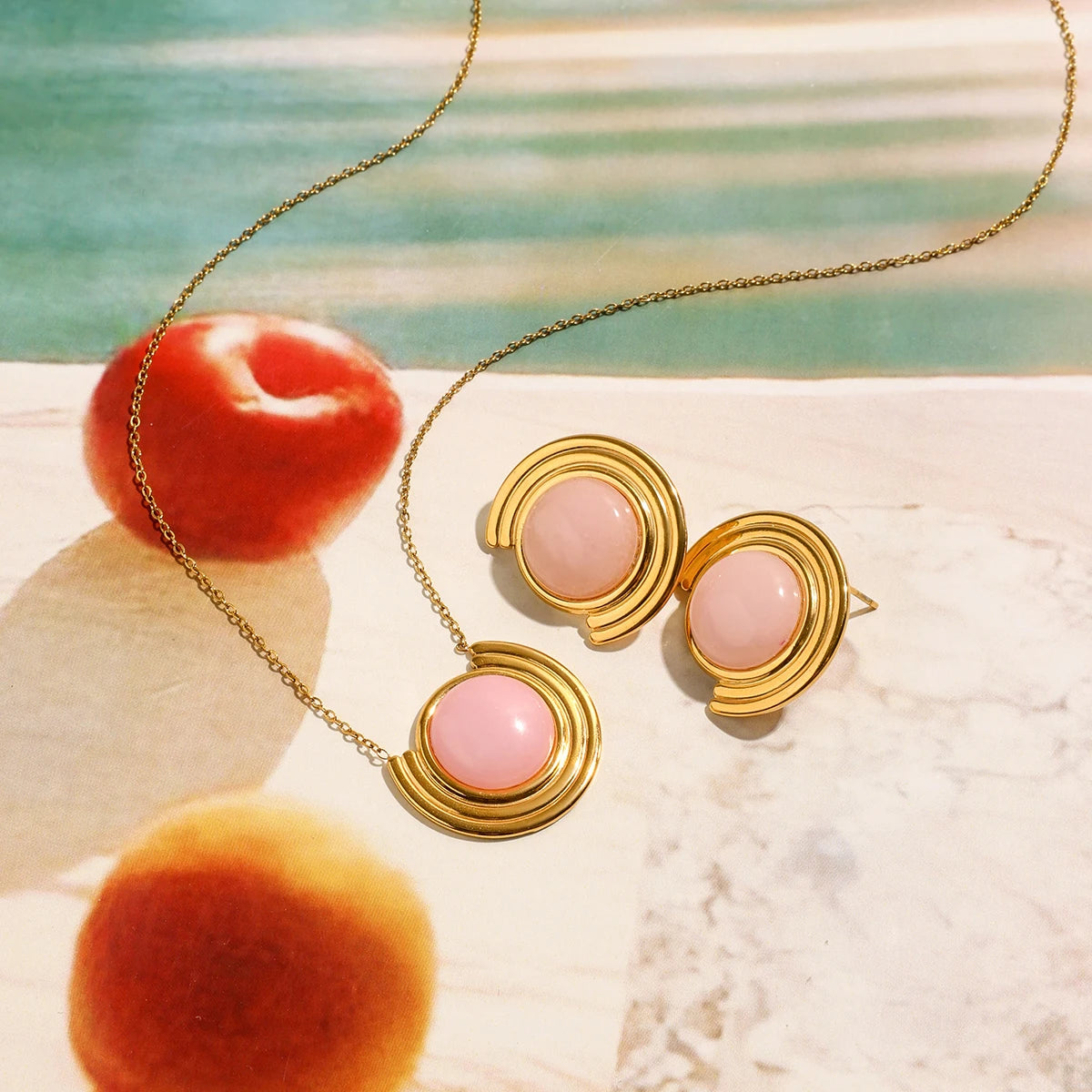 Pink Natural Stone Necklace & Earrings