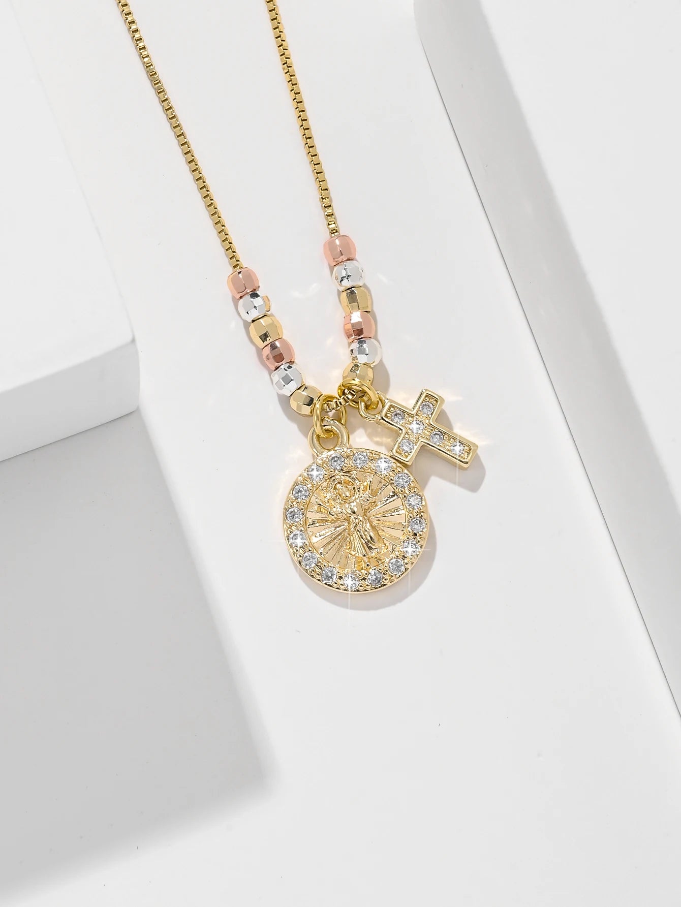 Gold Plated Virgin Mary Round Shape Pendant Necklace