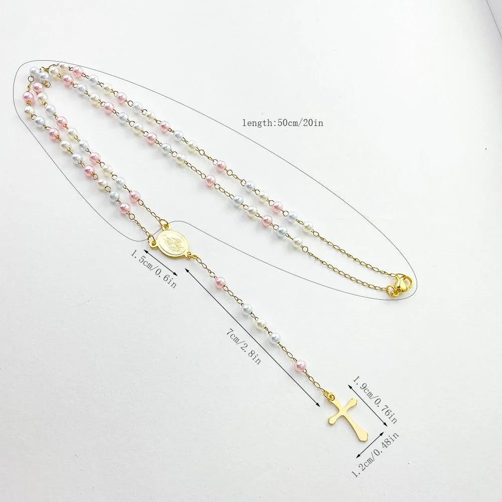 Gold Plated Stainless Steel Virgin Mary Cross Rosary Necklace