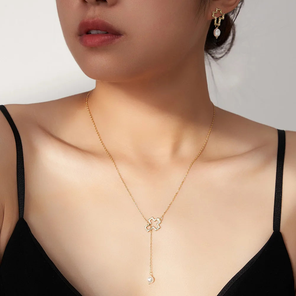 925 Silver Pearl Pendant Chain with Cross Charm Earings