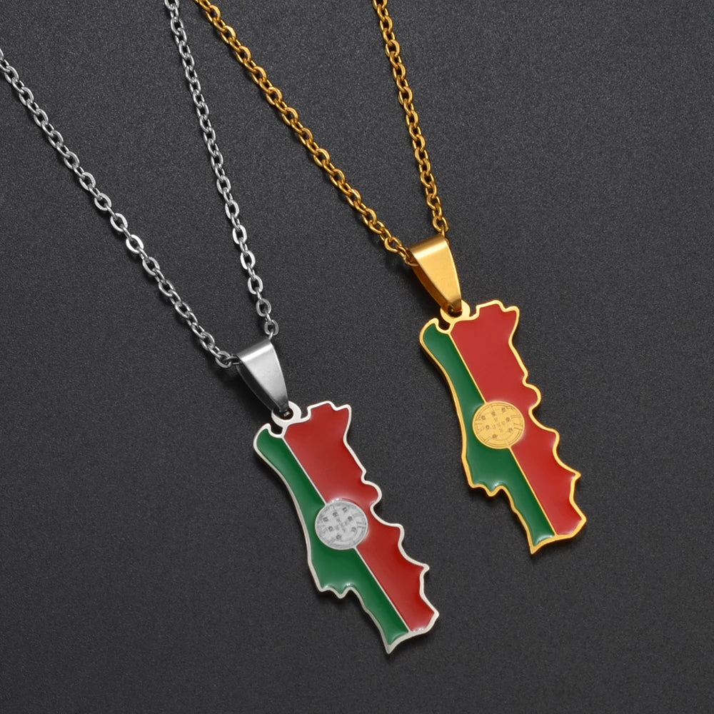 Stainless Steel Portugal Map Flag Pendant Necklace