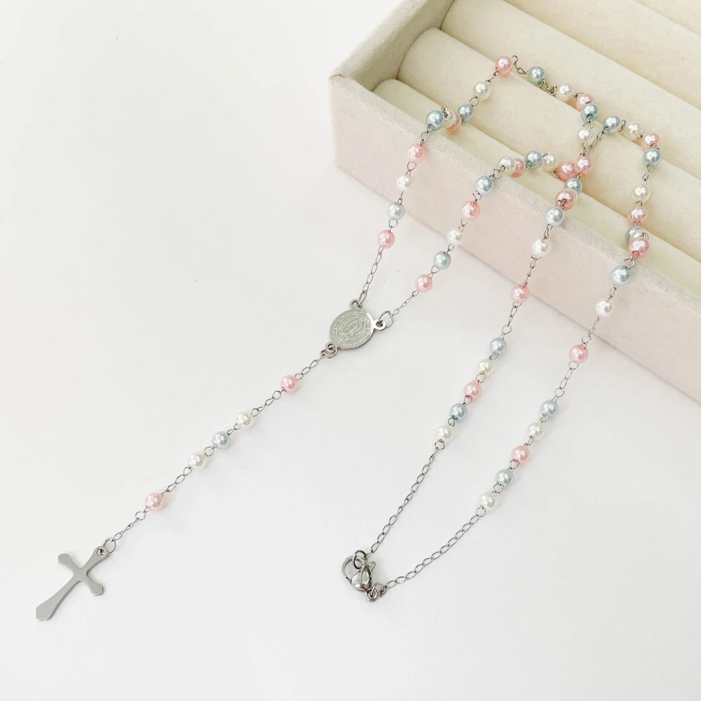 Gold Plated Stainless Steel Virgin Mary Cross Rosary Necklace