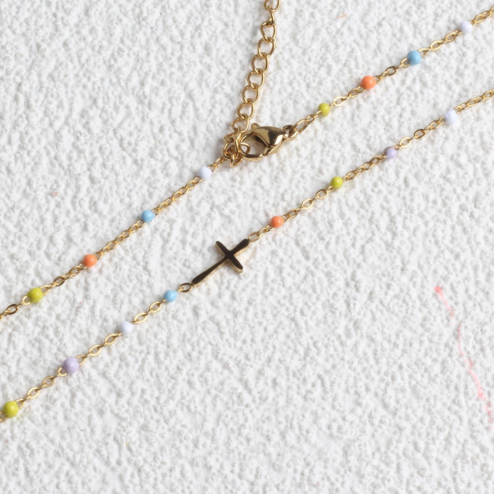 Gold Plated Stainless Steel Cross Peal Necklace