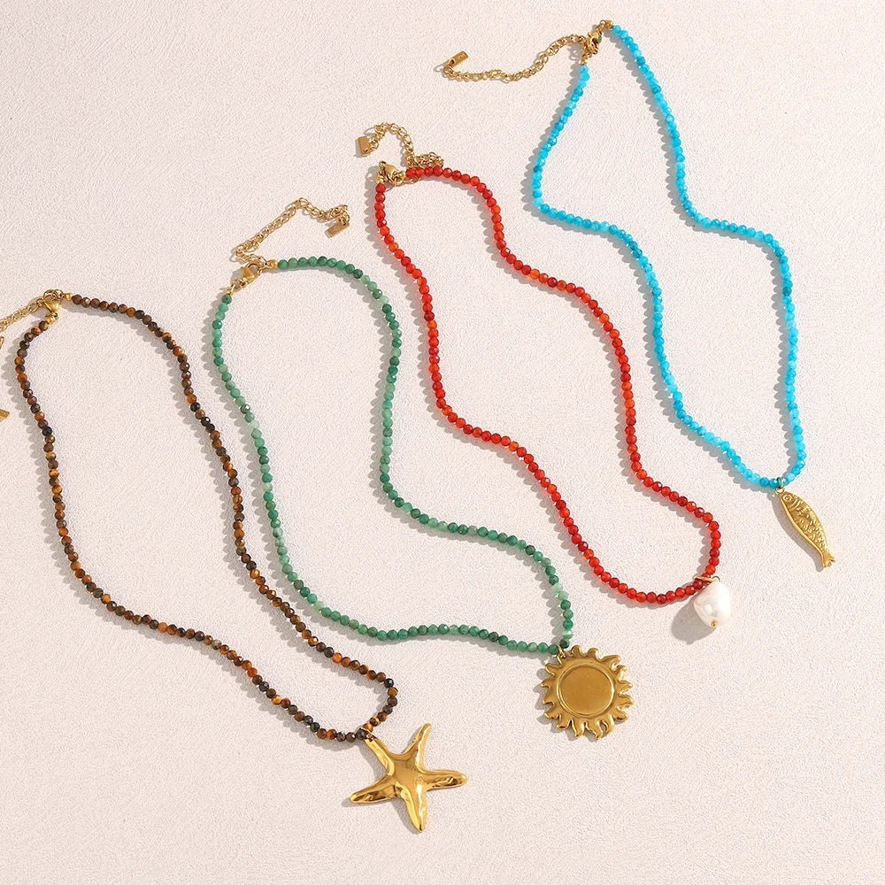 Colorful Natural Stone Chain Star Sun Fish Pearl Pendant Necklace
