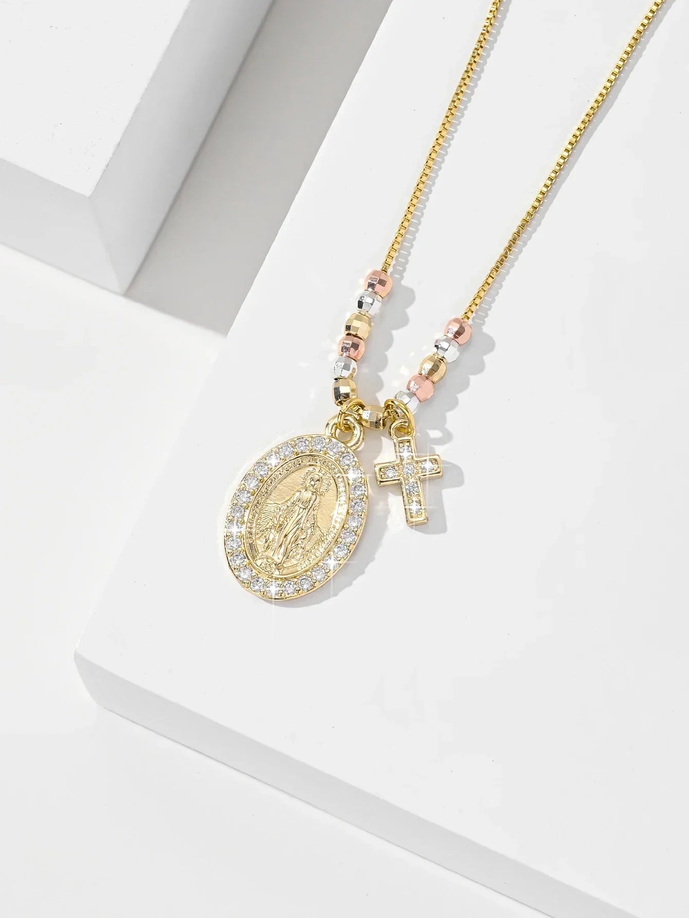 Gold Plated Virgin Mary Oval Shape Pendant Necklace