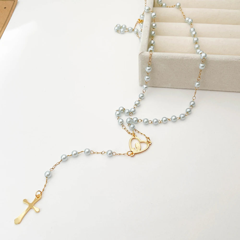 Gold Plated Stainless Steel Virgin Mary Cross Rosary Necklace
