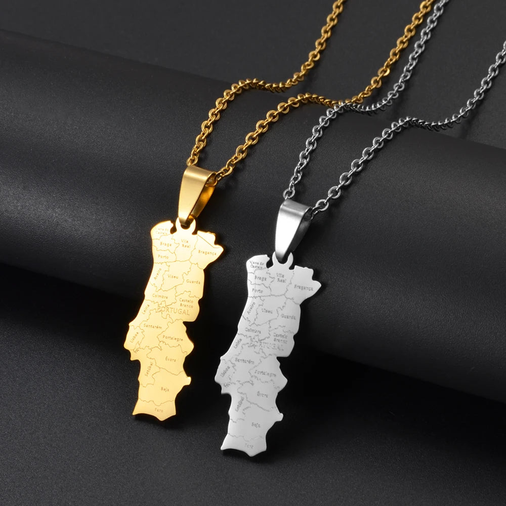 Stainless Steel Portugal Map With Cities Name Pendant Necklace