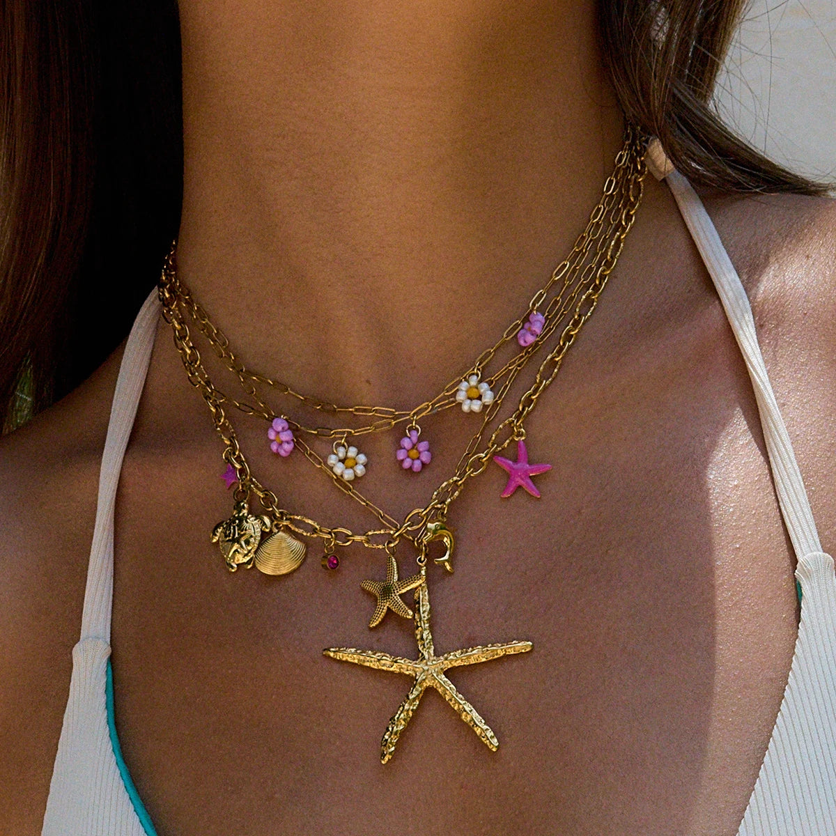 Starfish Shell Turtle Multi Charm Necklace