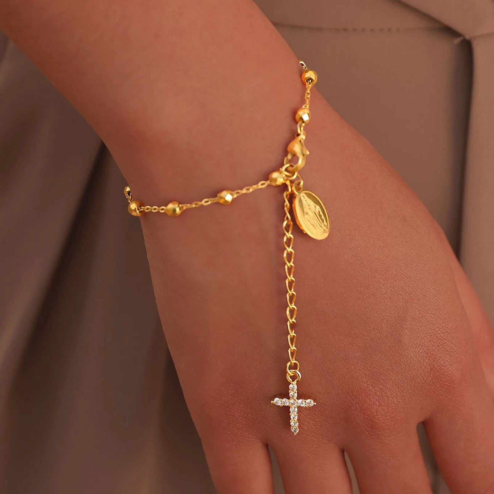 Stainless Steel Zirconia Virgin Mary Cross Rosary Bracelet Adjustable