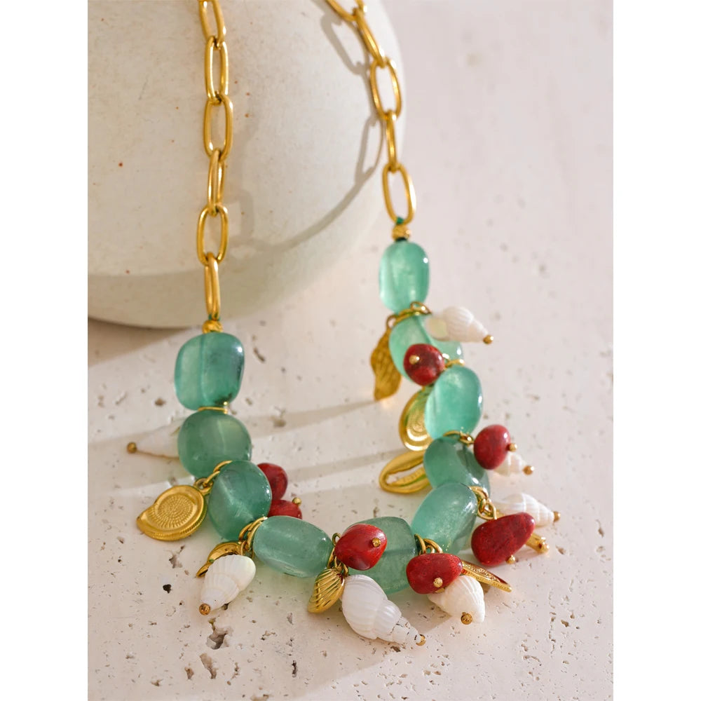 Green Stone Conch & Shell Necklace