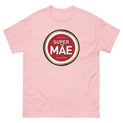 Pink t-shirt with a red and gold graphic design on a white background