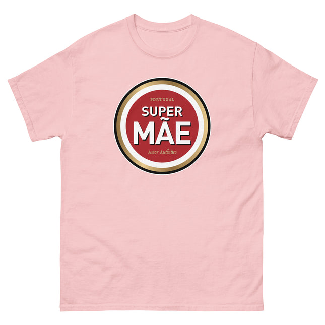 Pink t-shirt with a red and gold graphic design on a white background