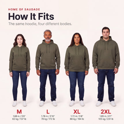 Hoodie fit guide: the same hoodie on four different bodies, sizes M, L, XL and 2XL, with height and weight for each model