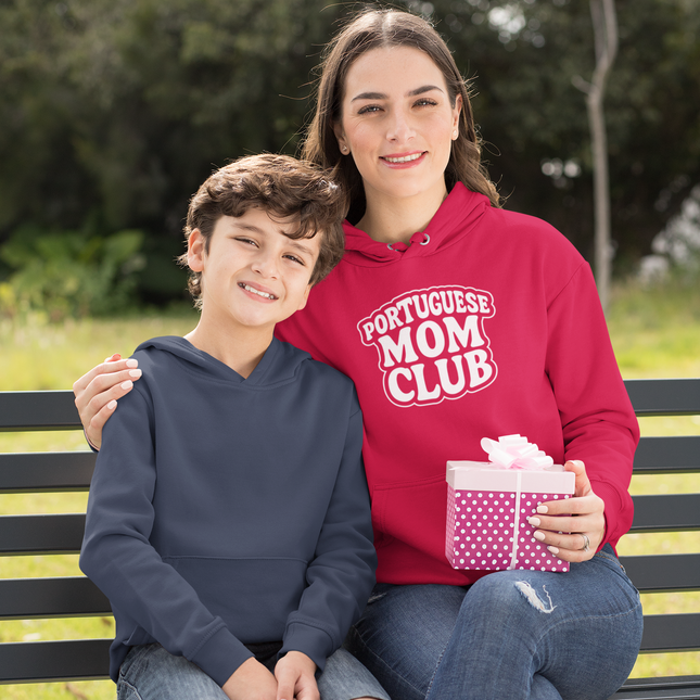 Red hoodie with 'Portuguese Mom Club' text