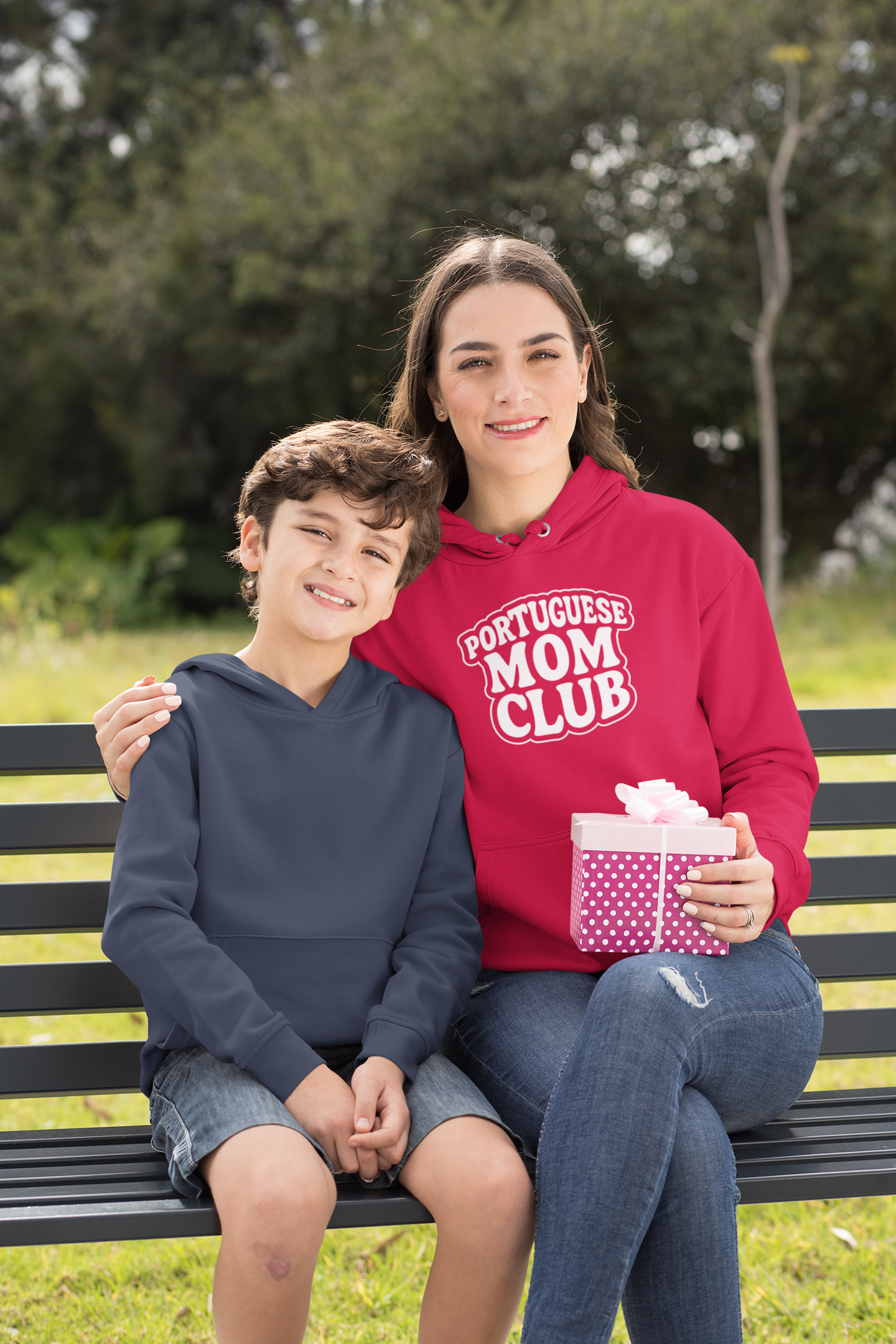 Red hoodie with 'Portuguese Mom Club' text