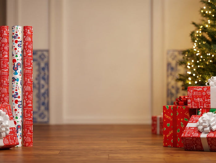 Gifts wrapped in Portuguese wrapping paper by a Christmas tree