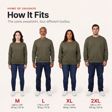Sweatshirt fit guide: the same crewneck sweatshirt on four different bodies, sizes M, L, XL and 2XL, with height and weight for each model