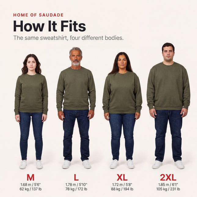 Sweatshirt fit guide: the same crewneck sweatshirt on four different bodies, sizes M, L, XL and 2XL, with height and weight for each model