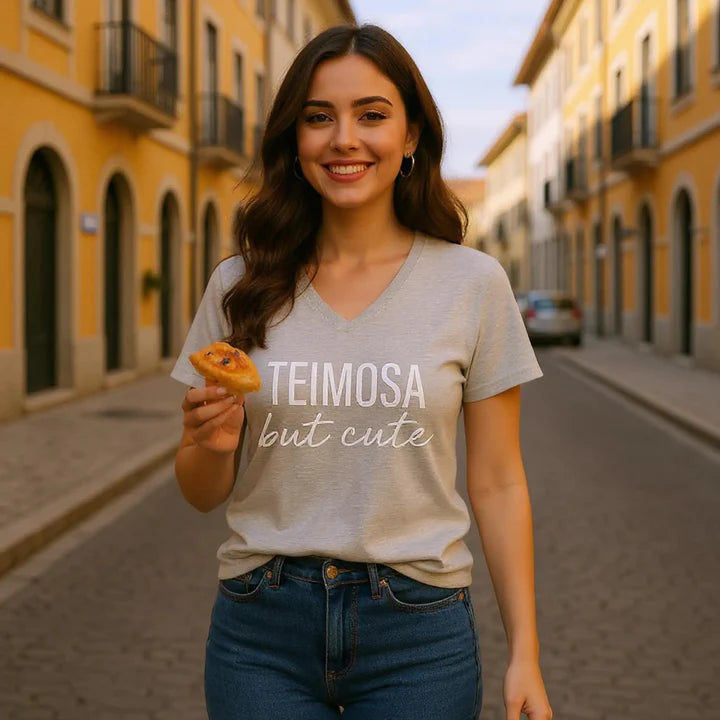Woman wearing a t-shirt with 'TEIMOSA but cute' text, holding a pastry, on a street.
