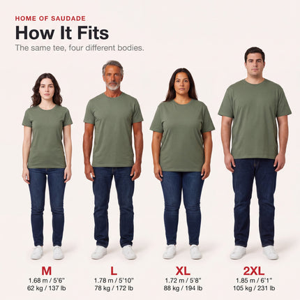 T-shirt fit guide: the same tee on four different bodies, sizes M, L, XL and 2XL, with height and weight for each model