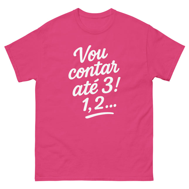 Pink t-shirt with white text on a white background