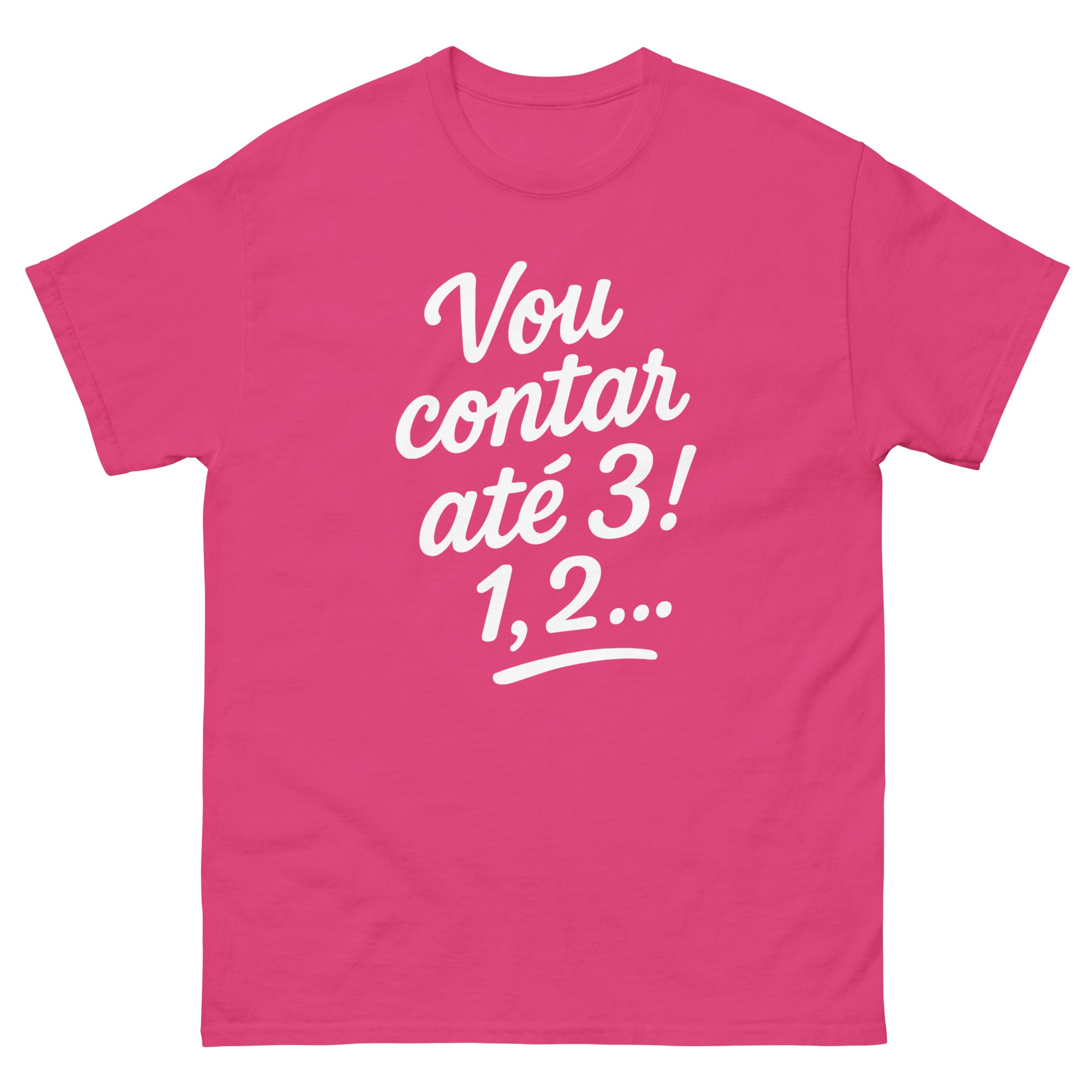 Pink t-shirt with white text on a white background