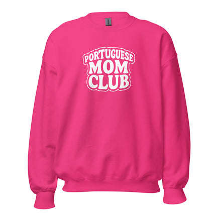 Pink sweatshirt with 'Portuguese Mom Club' text on a white background