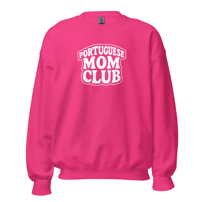 Pink sweatshirt with 'Portuguese Mom Club' text on a white background