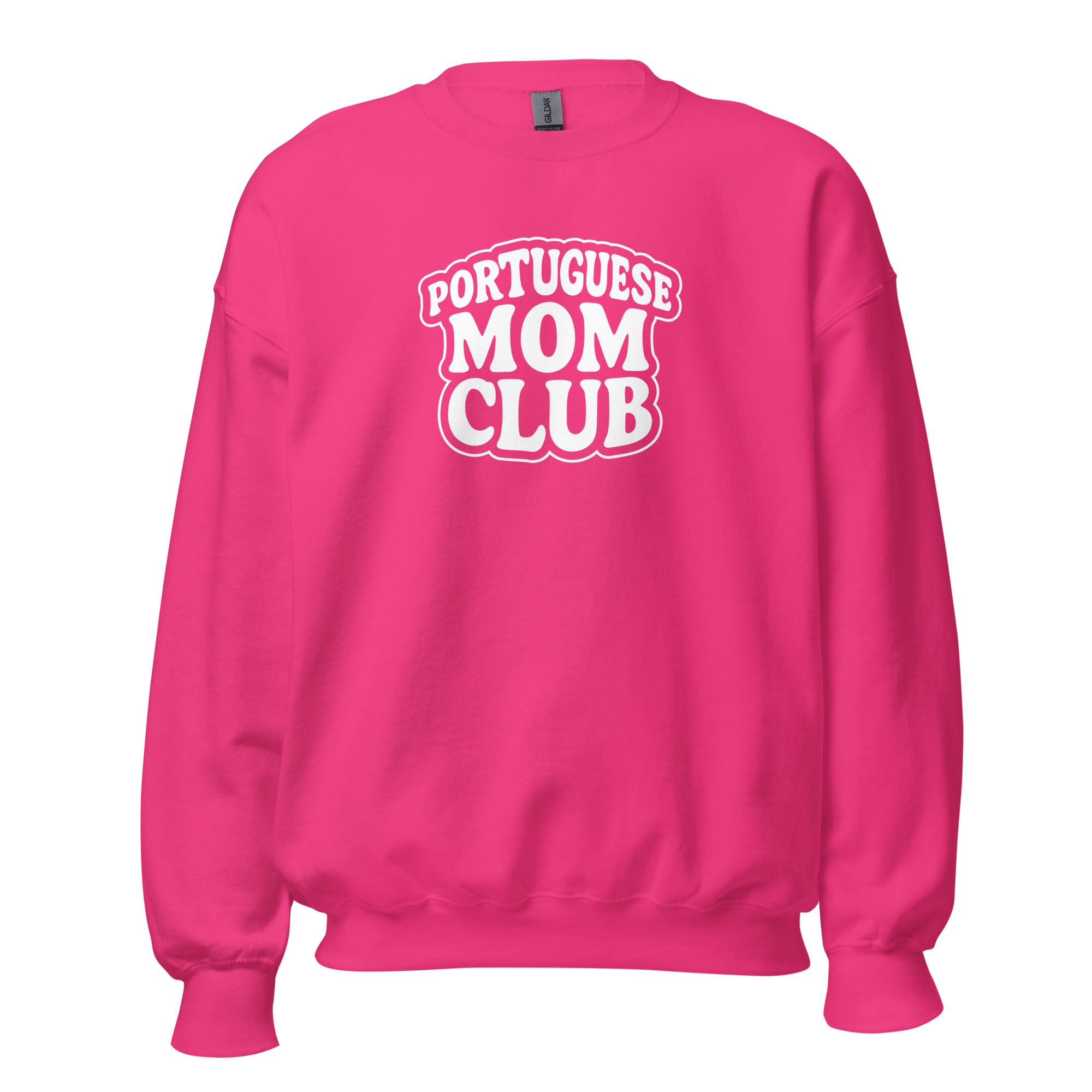 Pink sweatshirt with 'Portuguese Mom Club' text on a white background