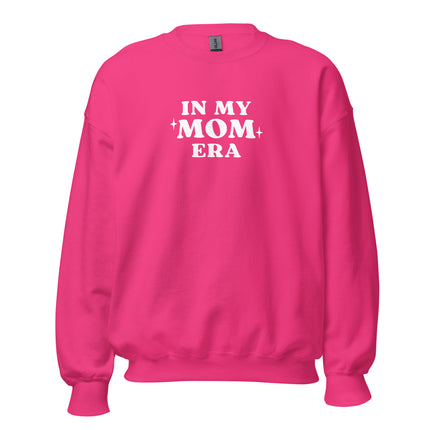 Pink sweatshirt with 'IN MY MOM ERA' text on a white background
