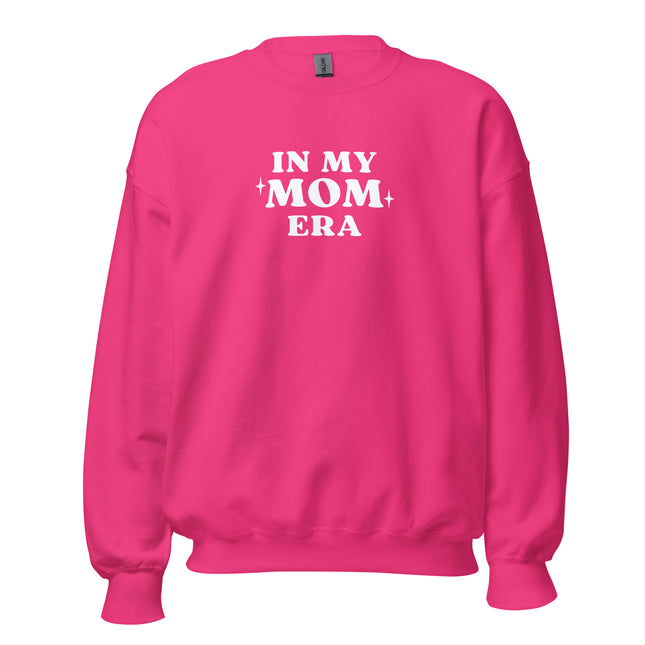 Pink sweatshirt with 'IN MY MOM ERA' text on a white background