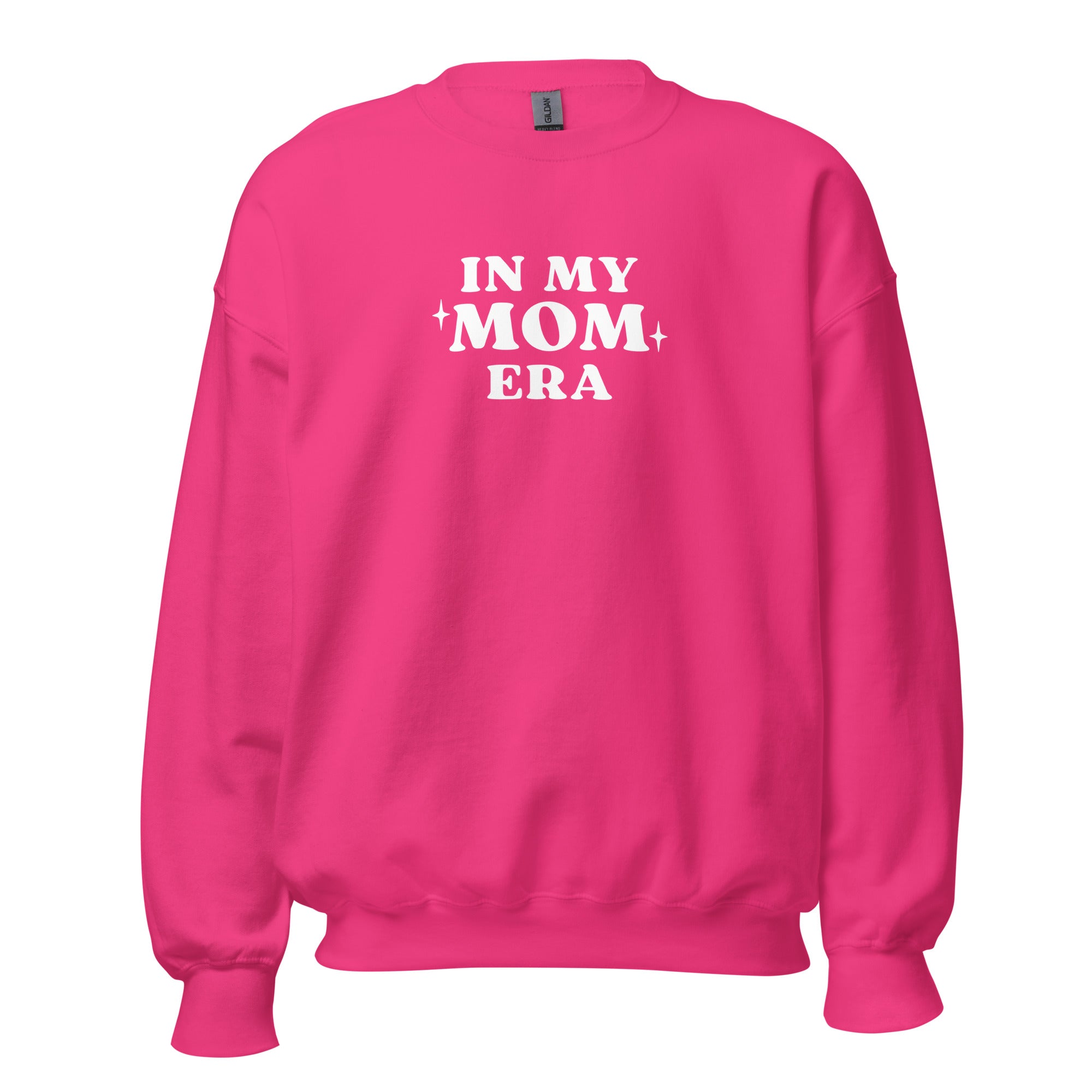 Pink sweatshirt with 'IN MY MOM ERA' text on a white background